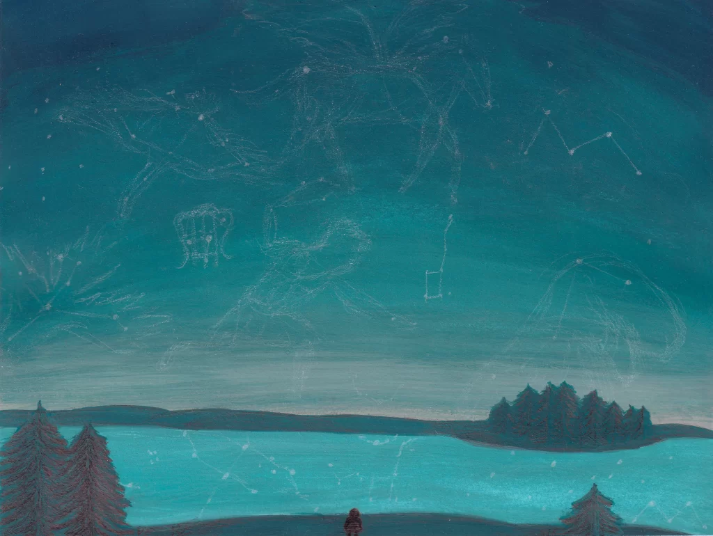 Gouache Painting of the night sky with constellations. 